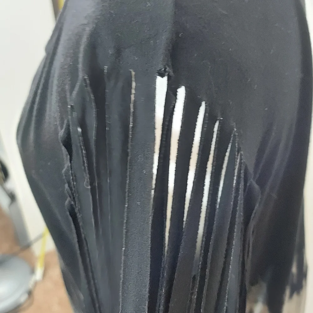 WetSeal Women's Black Tie Dye Bleached Shirt with Fun Fringe Cut Sleeves - Picture 12 of 15